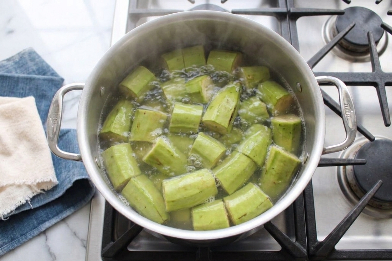 Green plantain chunks boiling in a pot on a stovetop with gentle steam rising
