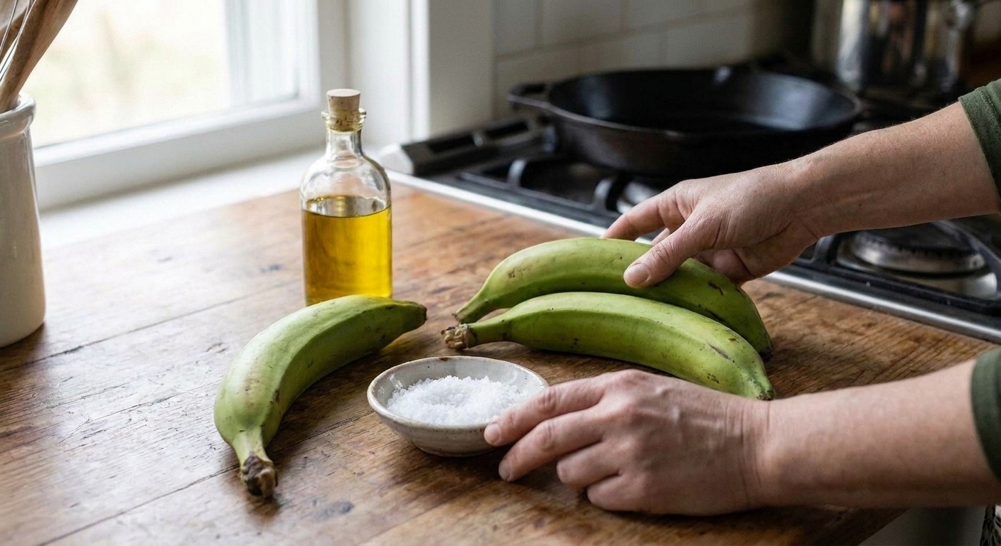 Green plantains, a small bowl of kosher salt, and a bottle of neutral oil arranged on a clean kitchen counter