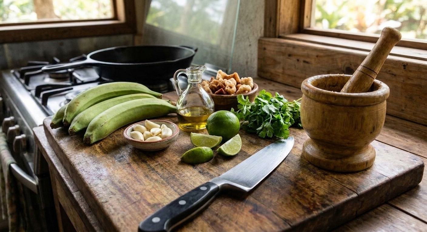 Green plantains, peeled garlic cloves, olive oil, lime, cilantro, and chicharrones arranged on a kitchen counter, ready for mofongo prep
