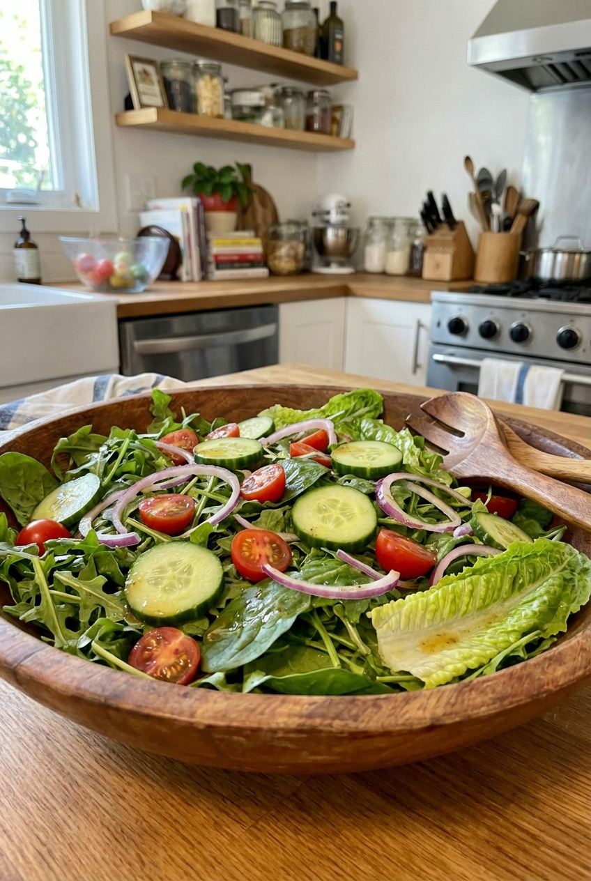 Green salad with cucumbers in a bowl