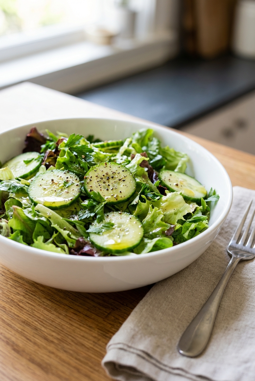 Green salad with cucumbers, lemon vinaigrette, and cracked black pepper in a white bowl