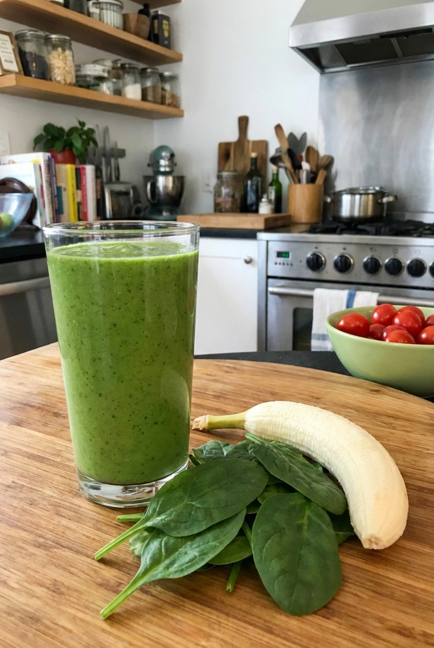 Green smoothie in a glass with spinach and banana on a kitchen counter