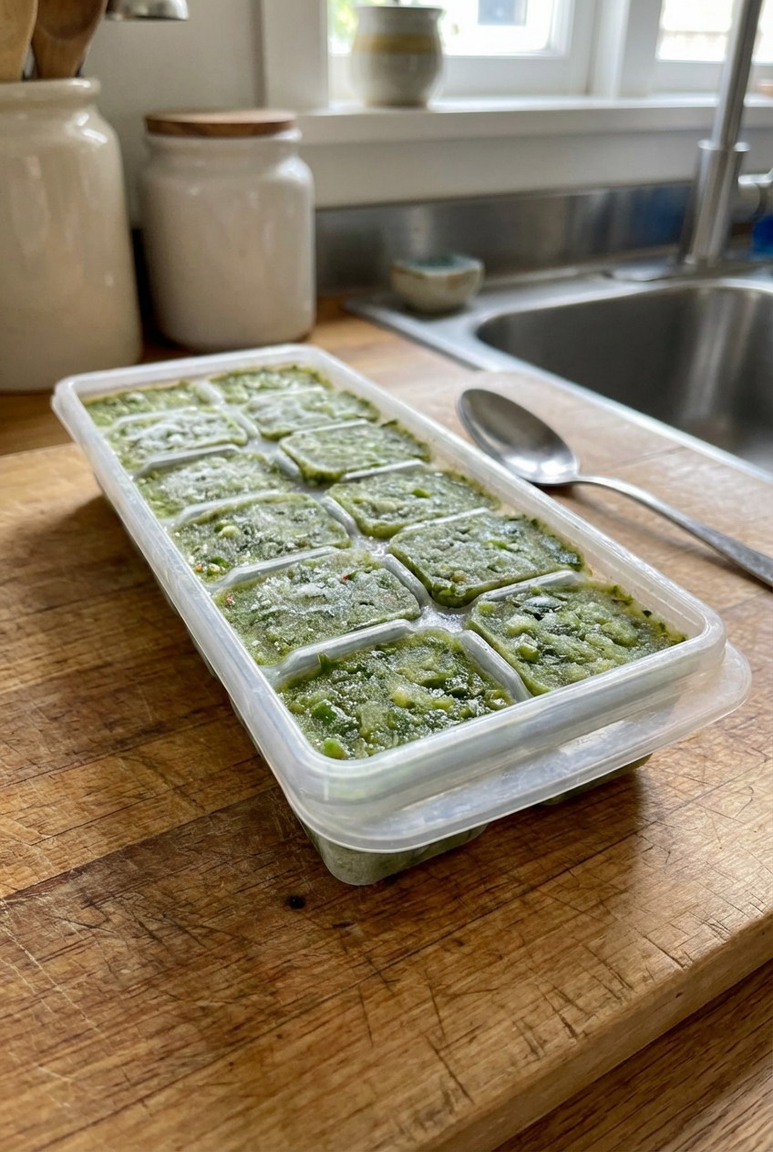 Green sofrito frozen in an ice cube tray on a kitchen counter