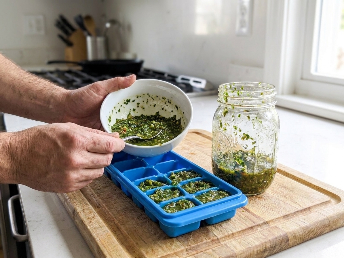 Green sofrito portioned into an ice cube tray on a kitchen counter, ready to freeze