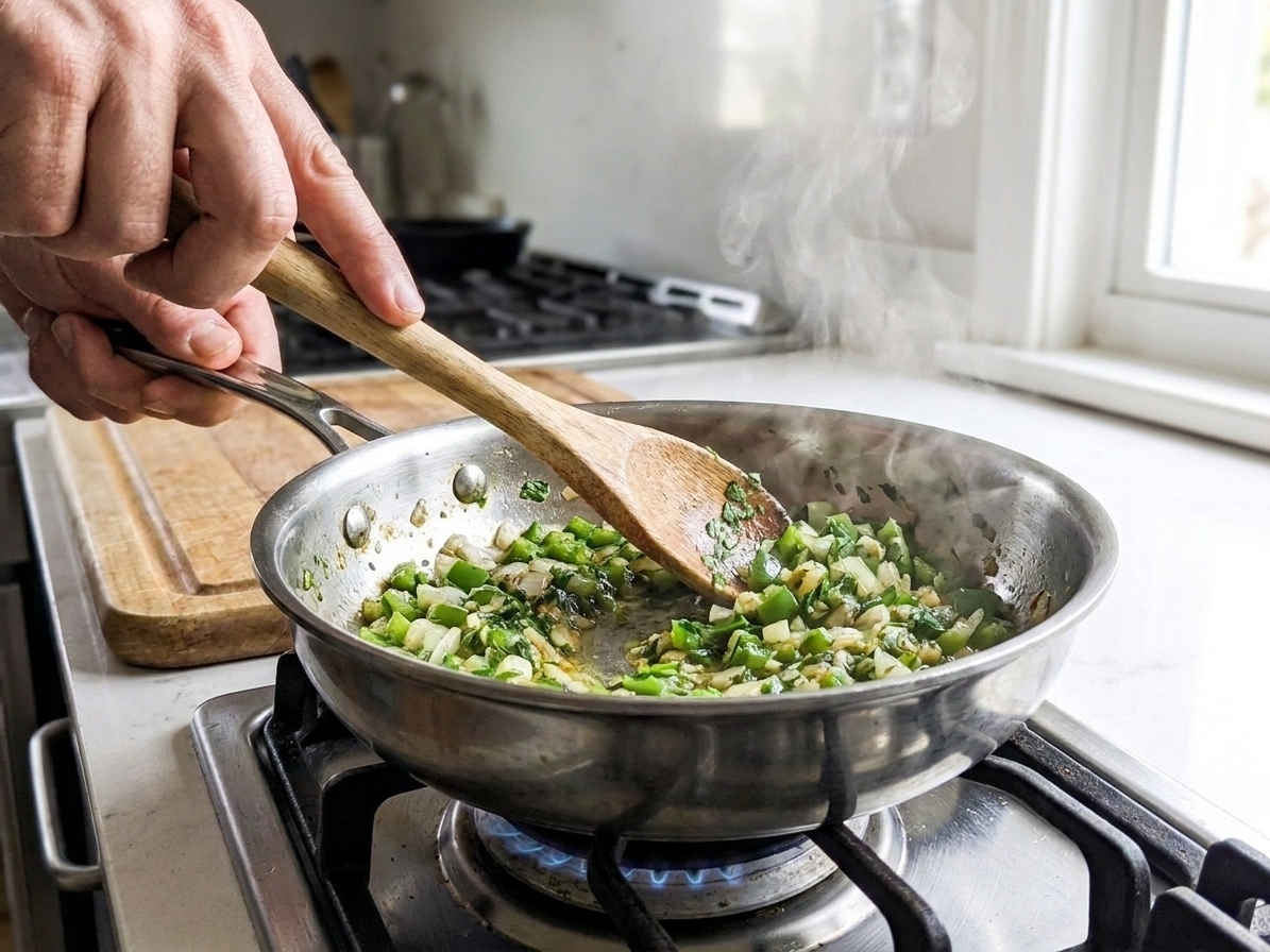 Green sofrito sizzling in a saucepan with a wooden spoon, steam rising on a stovetop