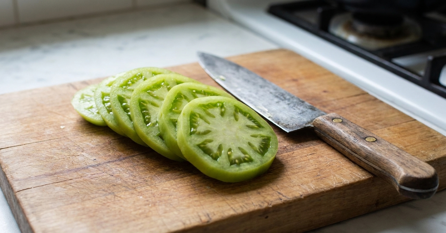 Green tomato slices cut into quarter-inch rounds on a cutting board next to a knife