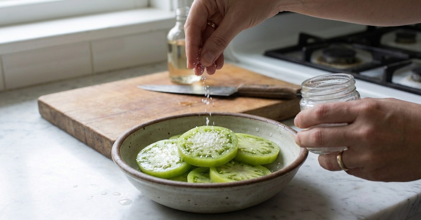 Green tomato slices in a bowl sprinkled with kosher salt, beginning to release moisture