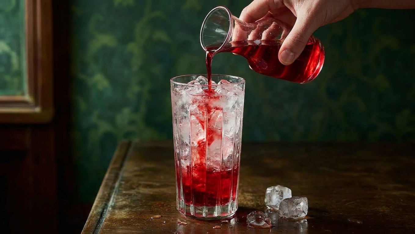 Grenadine being poured into a tall glass over ice, creating a deep red pool at the bottom