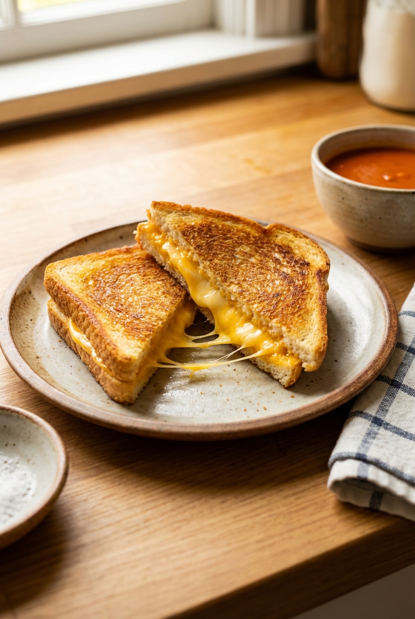 Grilled cheese sandwich cut in half with melted cheese stretching slightly on a plate