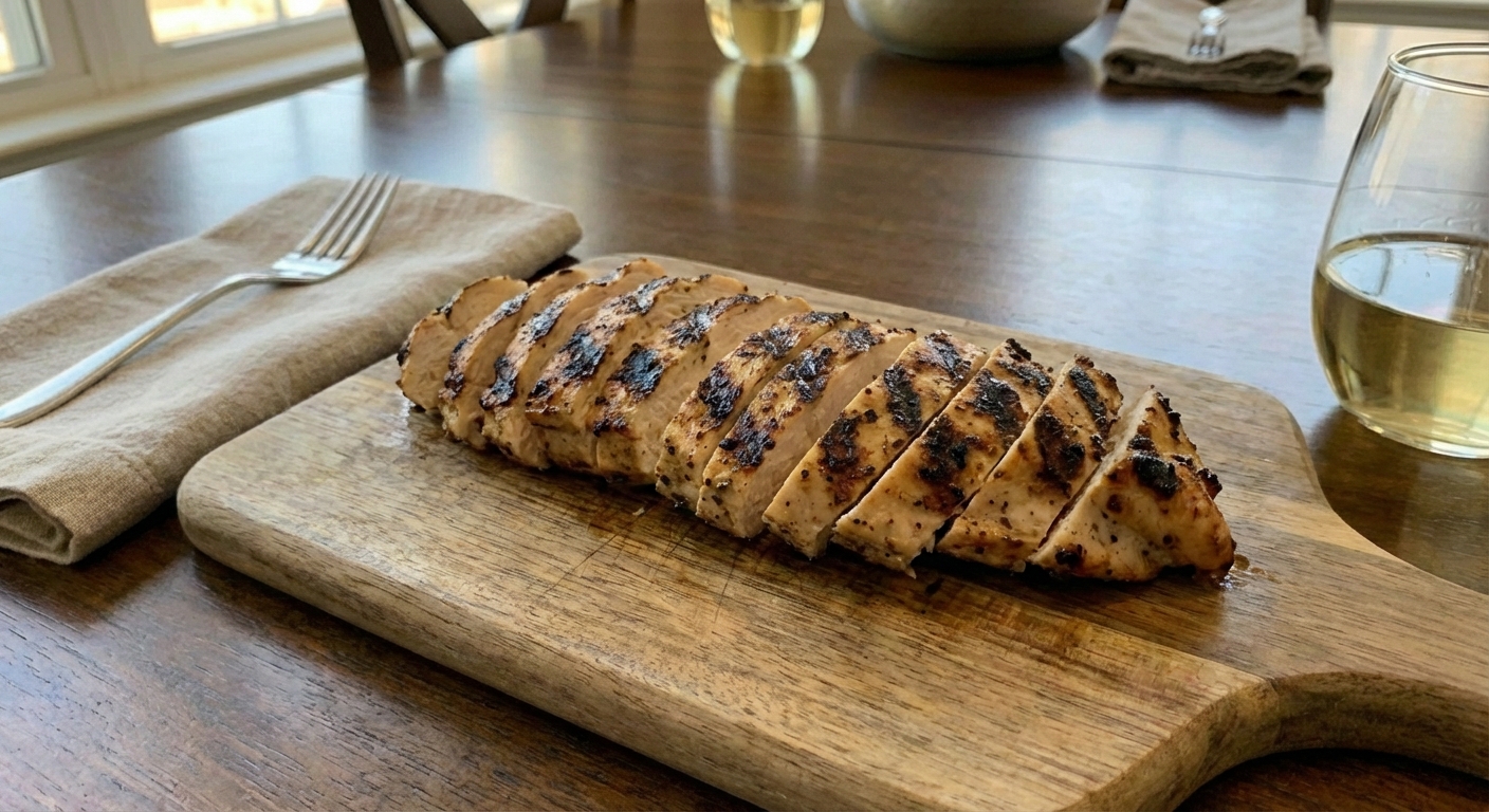 Grilled chicken breast sliced on a cutting board with visible char marks