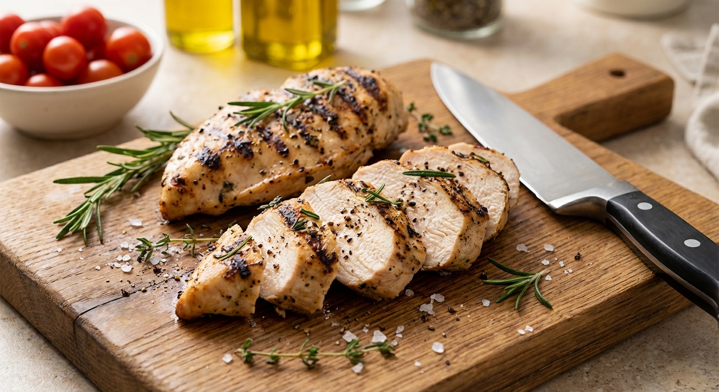 Grilled chicken breasts sliced on a cutting board with herbs