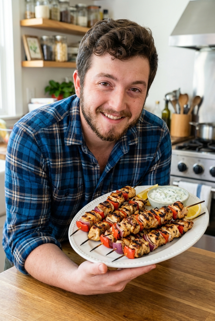 Grilled chicken skewers on a serving plate