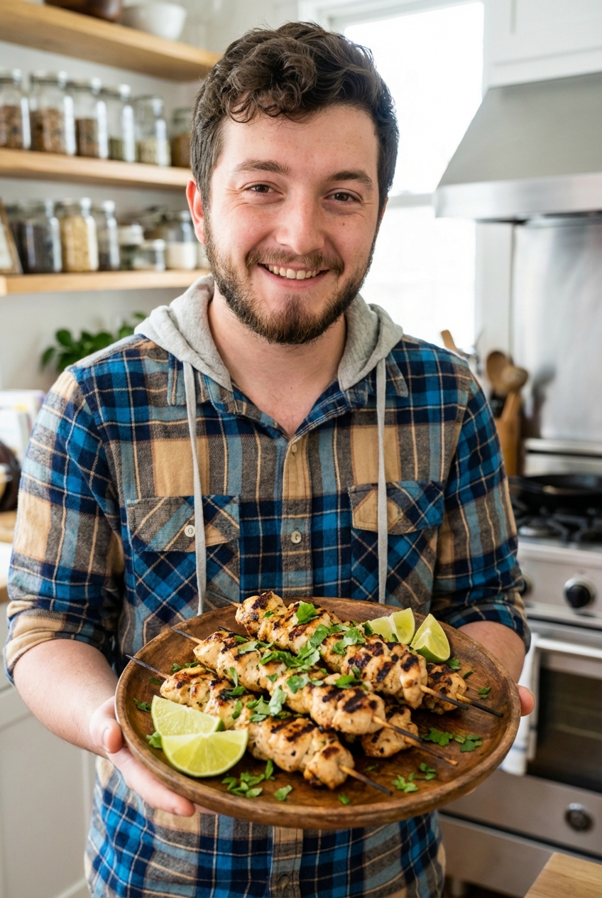 Grilled chicken skewers with char marks and lime wedges