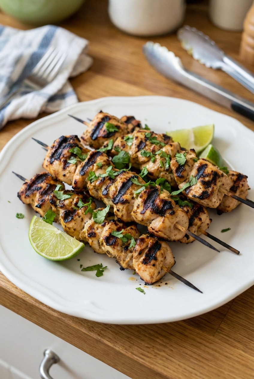 Grilled chicken skewers with light char marks on a plate