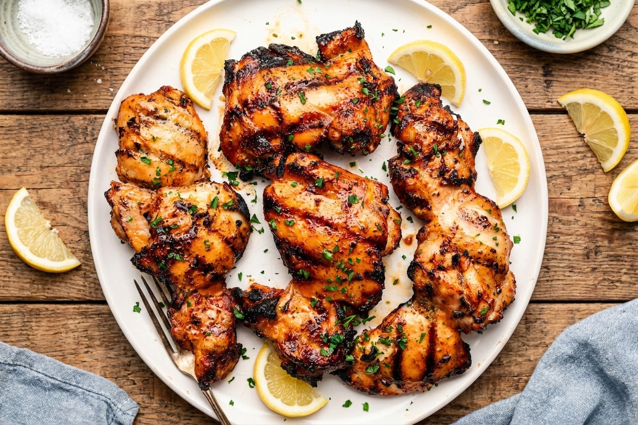 Grilled chicken thighs brushed with glossy lemon garlic glaze on a serving platter with parsley and lemon wedges on a wooden table