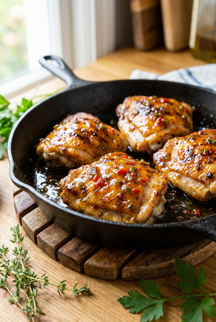 Grilled chicken thighs in a skillet brushed with a shiny pepper jelly glaze