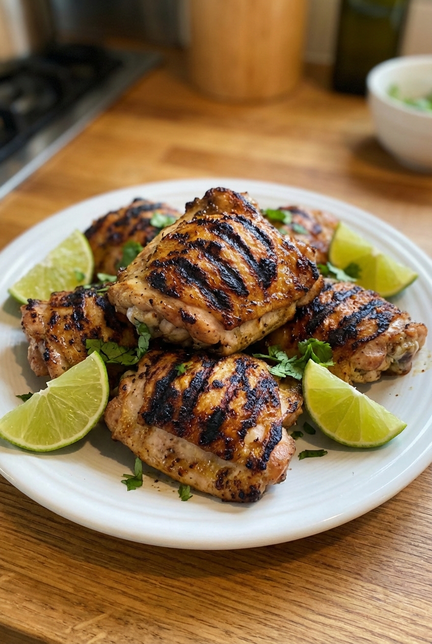 Grilled chicken thighs on a plate with char marks and lime wedges