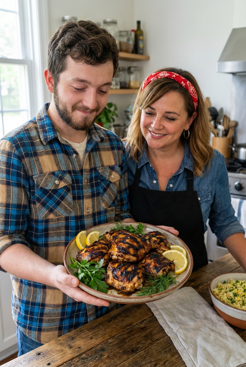 Grilled chicken thighs on a plate with char marks and a wedge of lemon