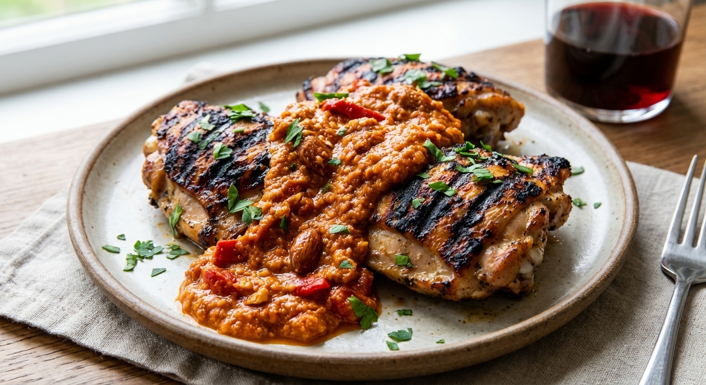 Grilled chicken thighs on a plate with romesco sauce spooned over the top, char marks visible, garnished with chopped parsley, photorealistic food photography