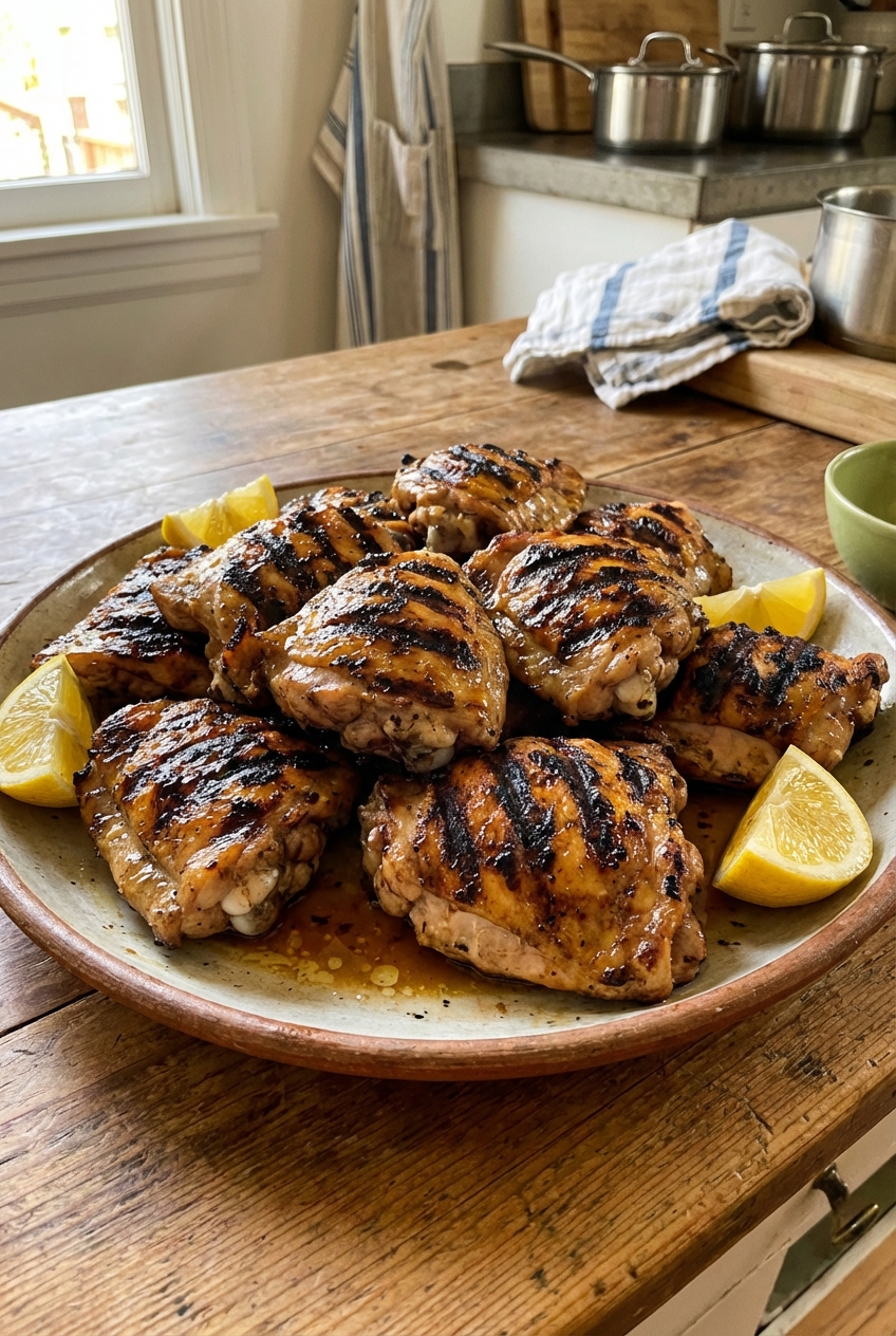 Grilled chicken thighs on a platter with char marks and lemon wedges