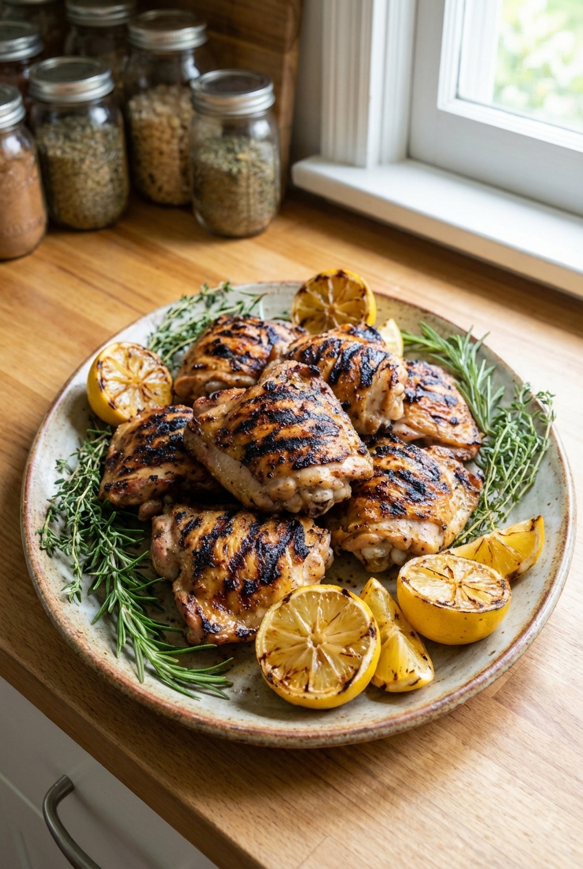 Grilled chicken thighs on a platter with lemon wedges and herbs