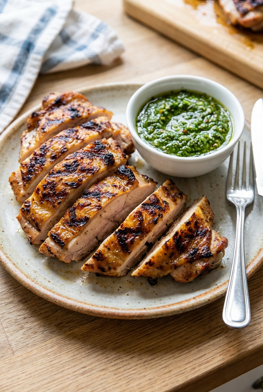 Grilled chicken thighs sliced on a plate with a green sauce on the side