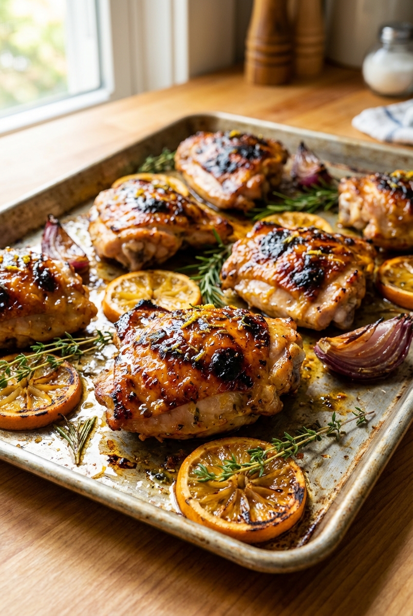 Grilled chicken thighs with a glossy citrus marinade on a sheet pan