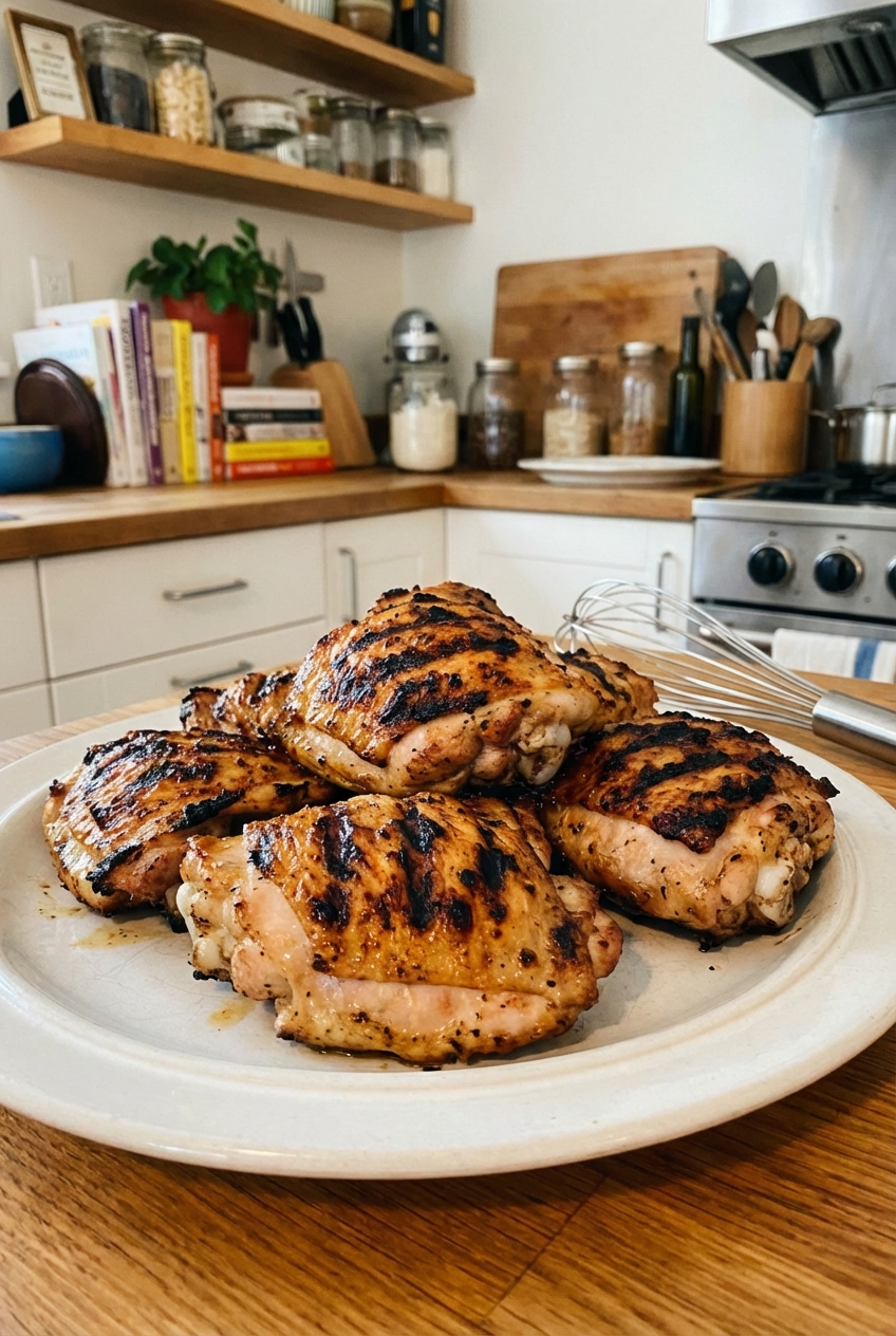 Grilled chicken thighs with char marks on a plate