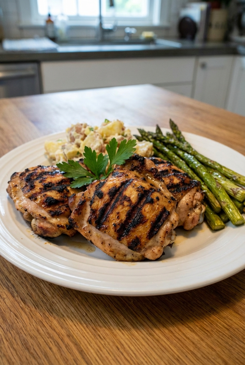 Grilled chicken thighs with char marks on a plate
