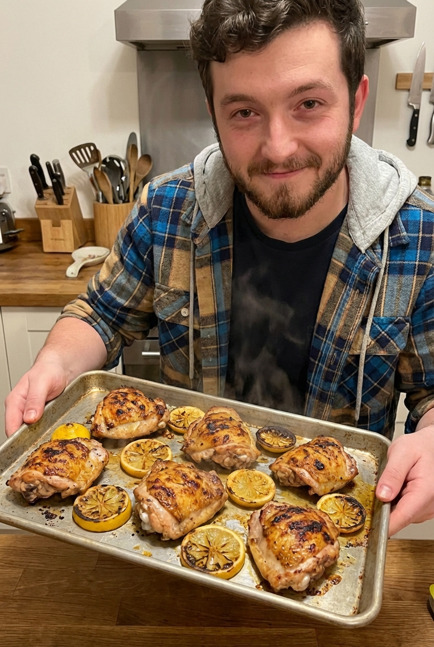Grilled chicken thighs with charred lemon slices on a sheet pan