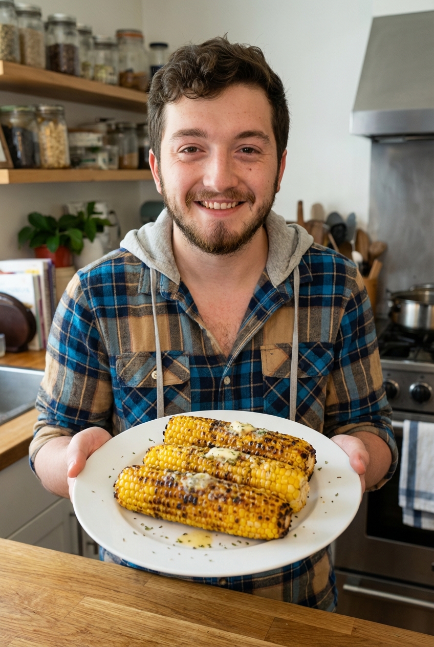 Grilled corn on the cob with browned kernels