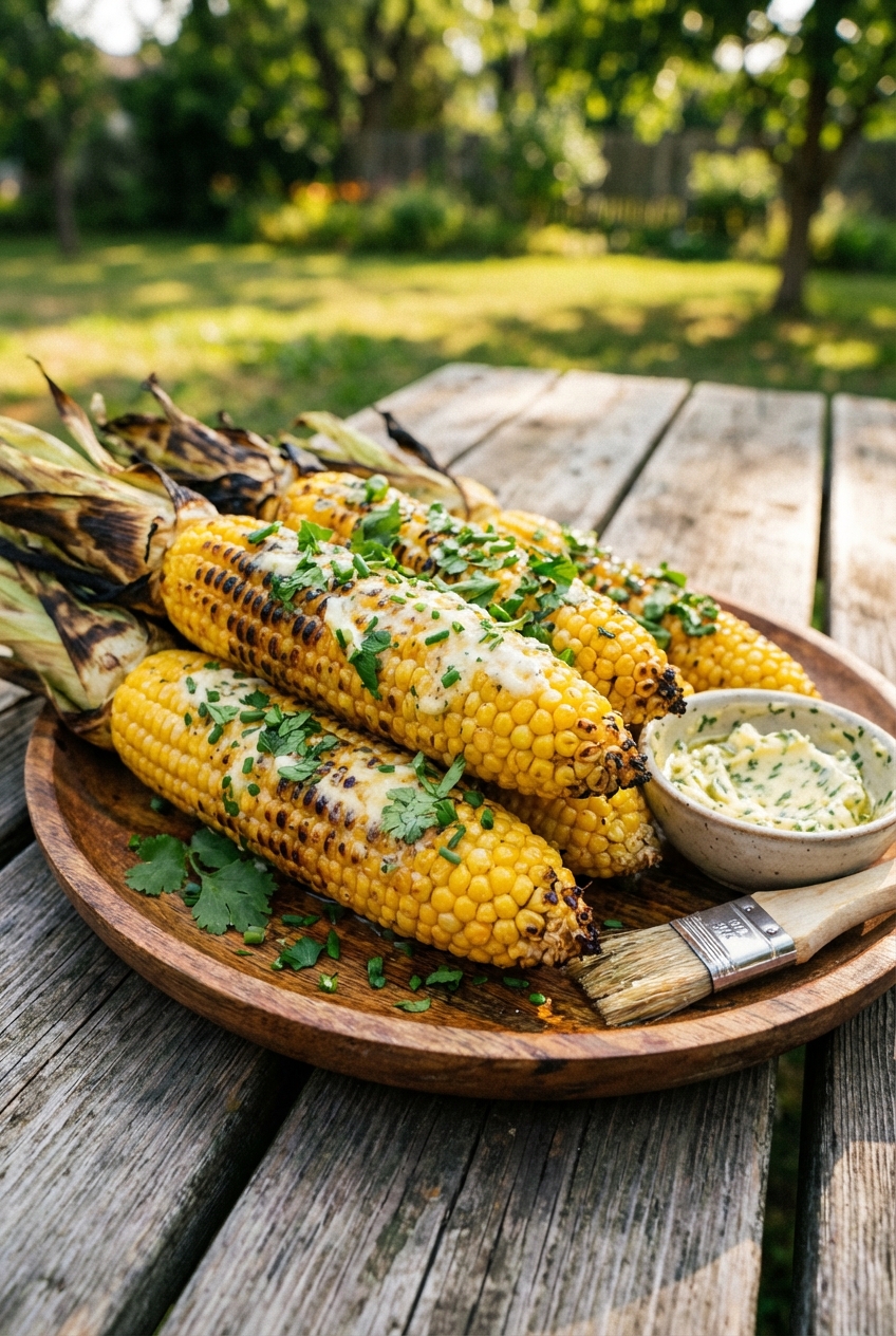 Grilled corn on the cob with melted butter and herbs on a platter outdoors