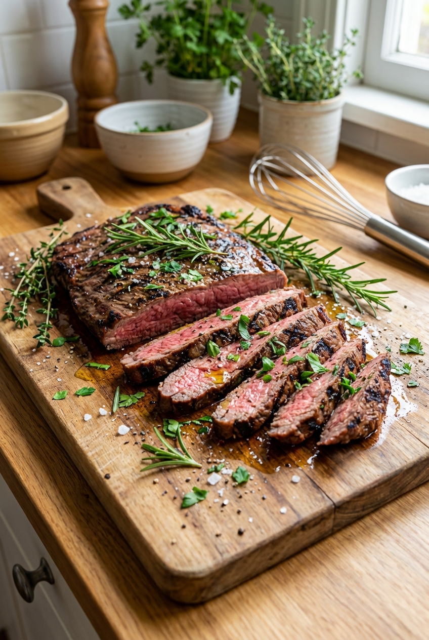 Grilled flank steak sliced on a cutting board with herbs scattered around