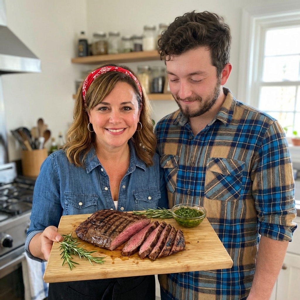 Grilled flank steak sliced on a cutting board