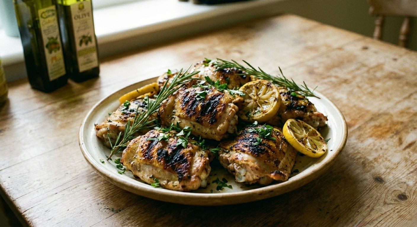 Grilled lemon herb chicken thighs on a platter with char marks