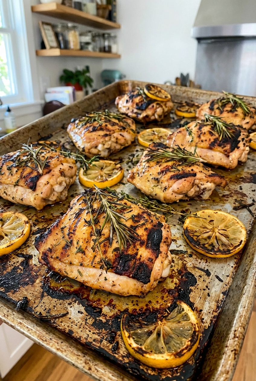 Grilled lemon herb chicken thighs on a sheet pan with charred edges