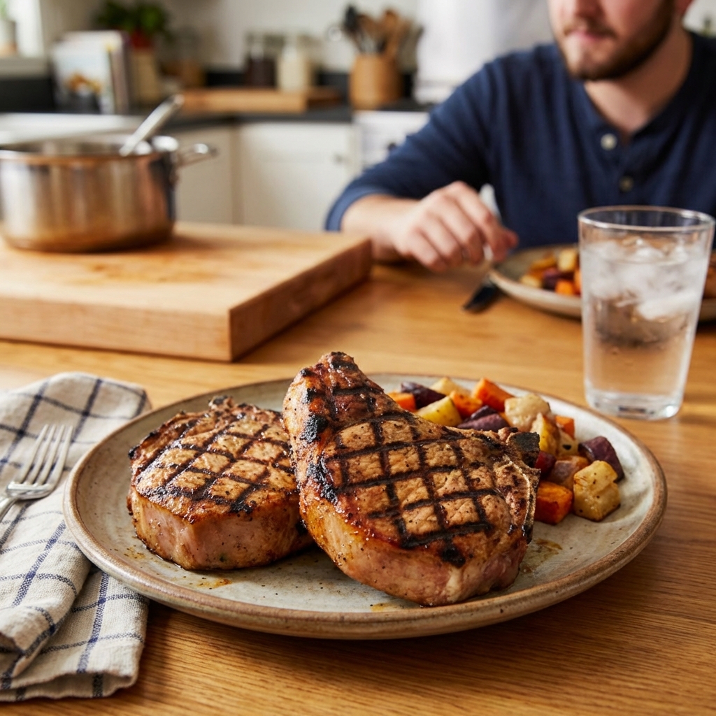 Grilled pork chops with char marks on a plate