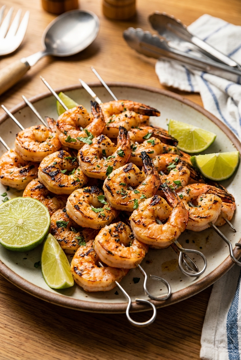 Grilled shrimp skewers on a platter with char marks and lime wedges