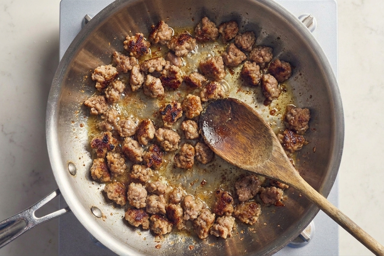 Ground Italian sausage browning in a large skillet with crisp edges forming, wooden spoon resting in the pan