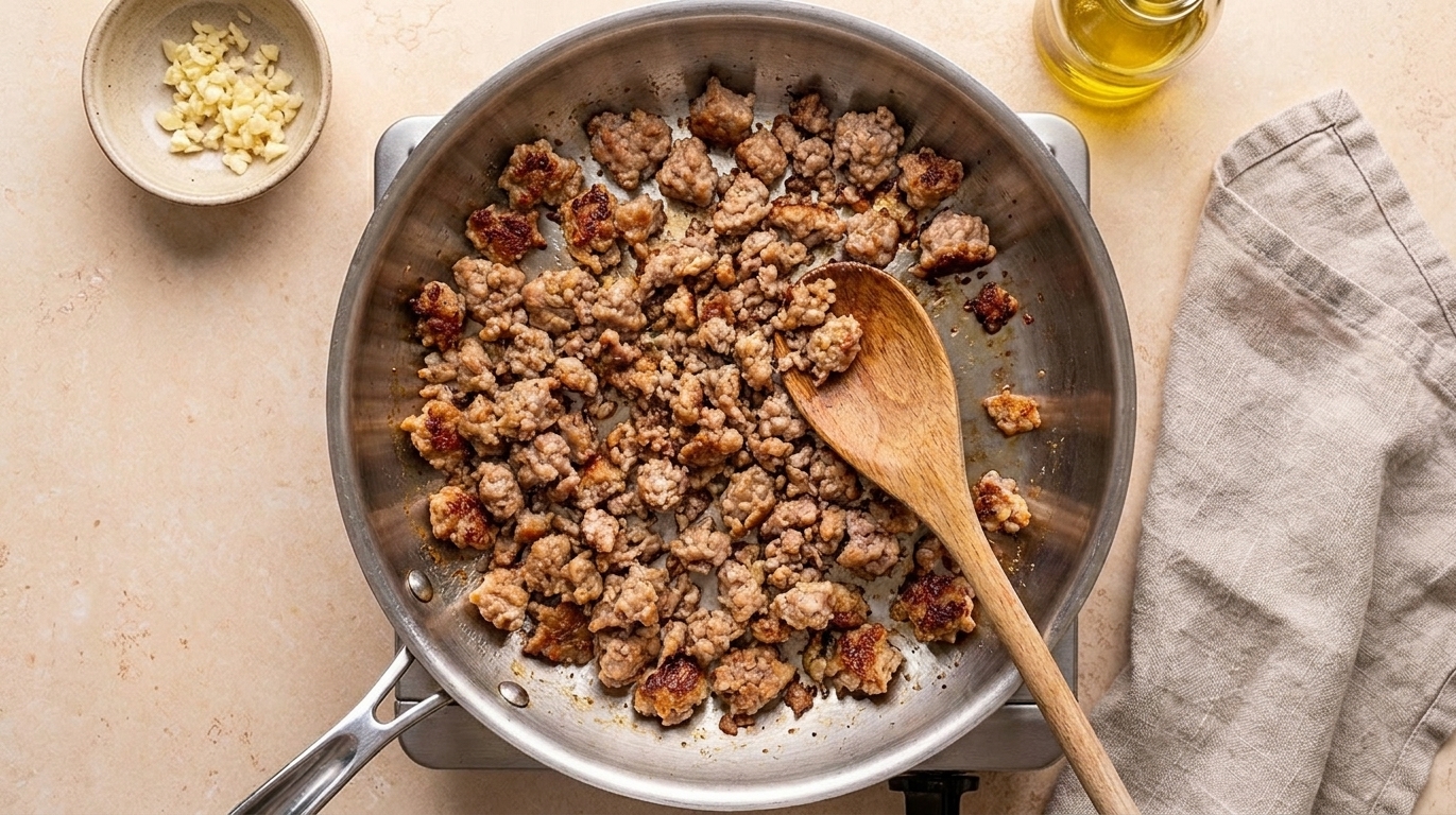 Ground Italian sausage browning in a skillet with crisp edges forming, viewed from above on a home stovetop