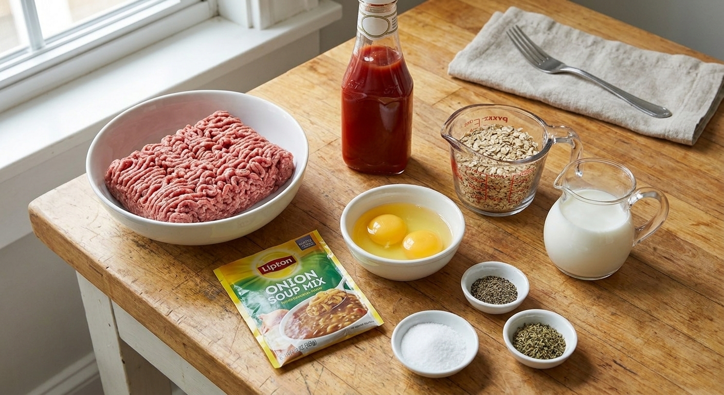 Ground beef, Lipton onion soup mix packet, eggs, ketchup, oats, milk, and seasonings arranged on a clean kitchen counter with warm natural light