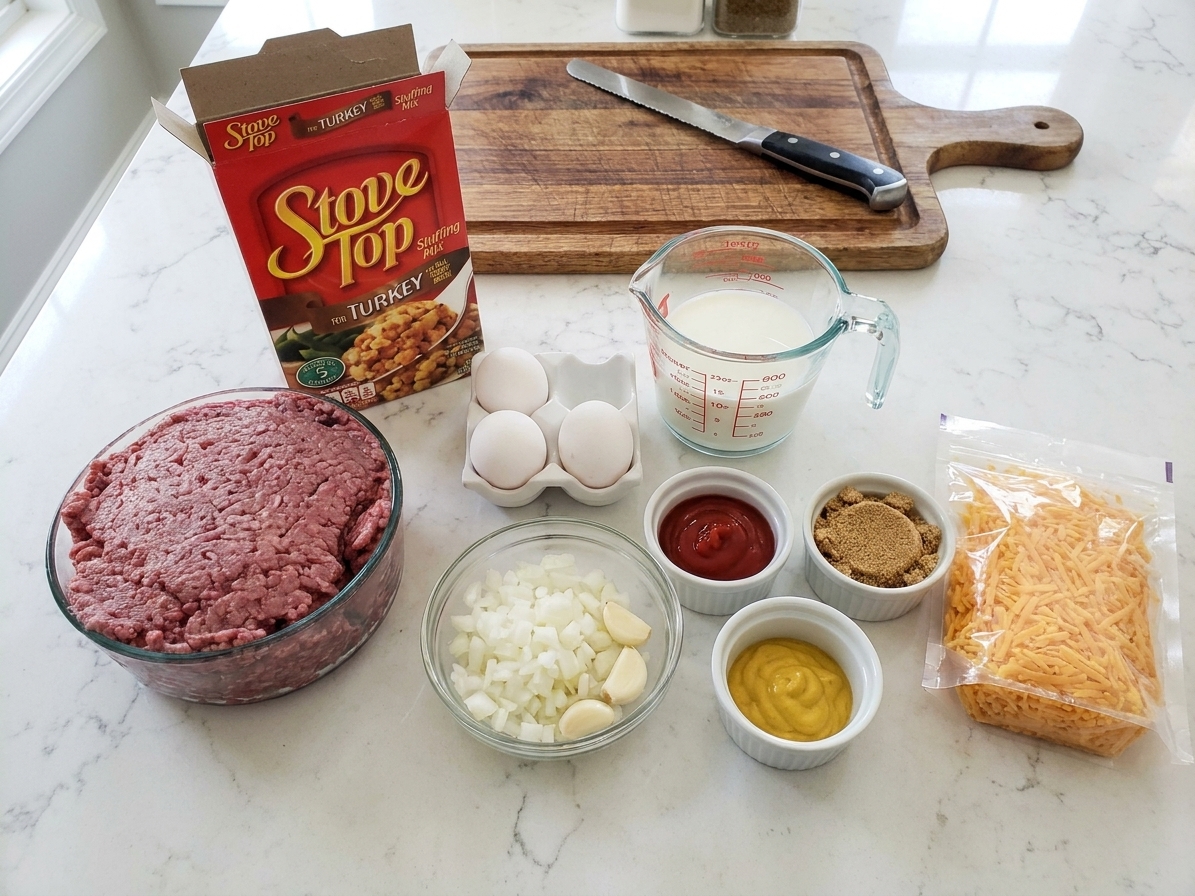 Ground beef, Stove Top stuffing mix, eggs, milk, onion, garlic, ketchup, brown sugar, mustard, and shredded cheese arranged on a kitchen counter