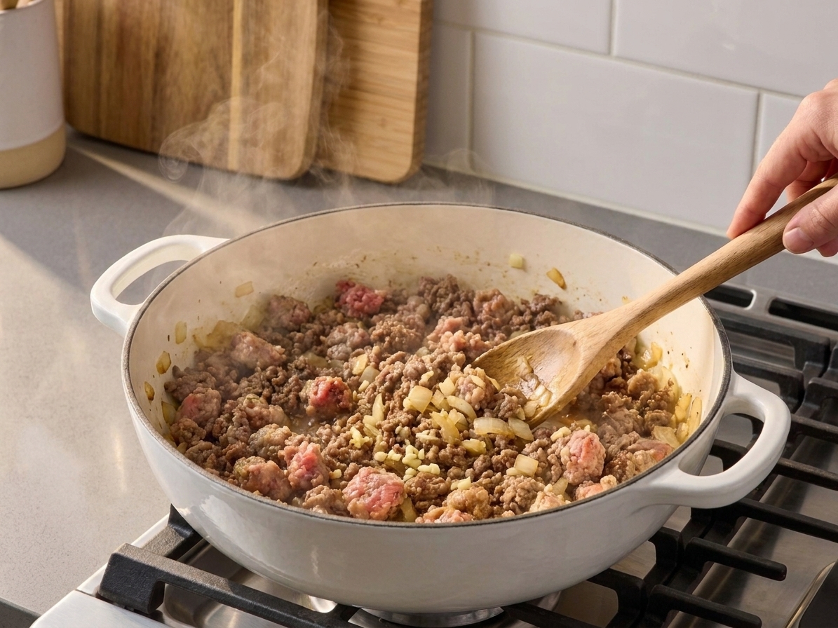 Ground beef and Italian sausage browning in a skillet with chopped onions and garlic