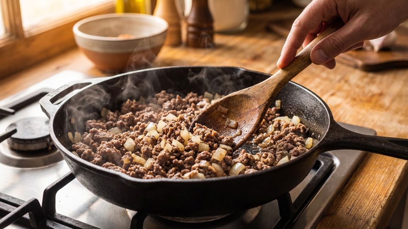 Ground beef and diced onion browning in a deep skillet on a stovetop with a wooden spoon stirring
