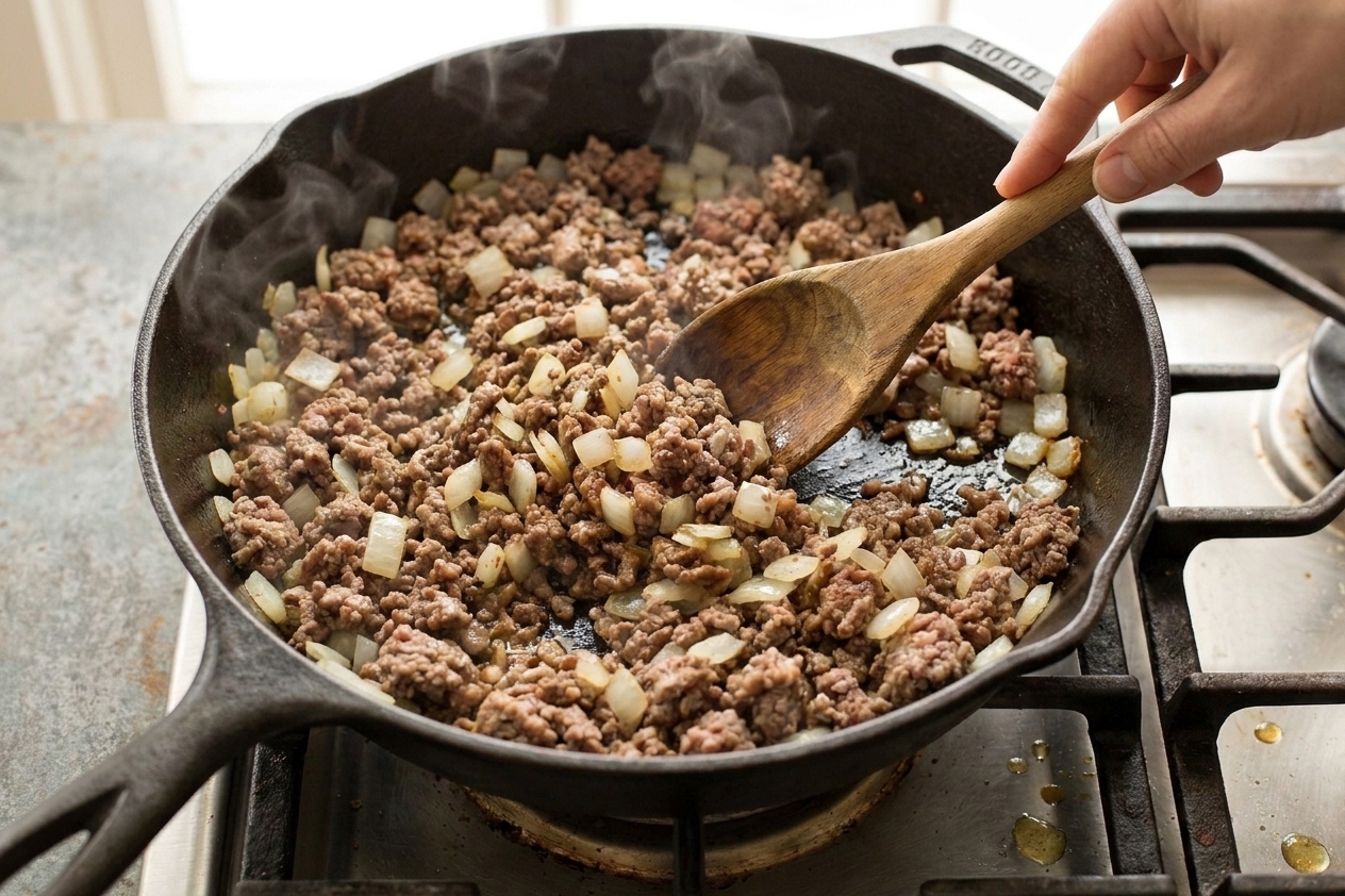 Ground beef and diced onion browning in a large skillet on a stovetop with a wooden spoon stirring