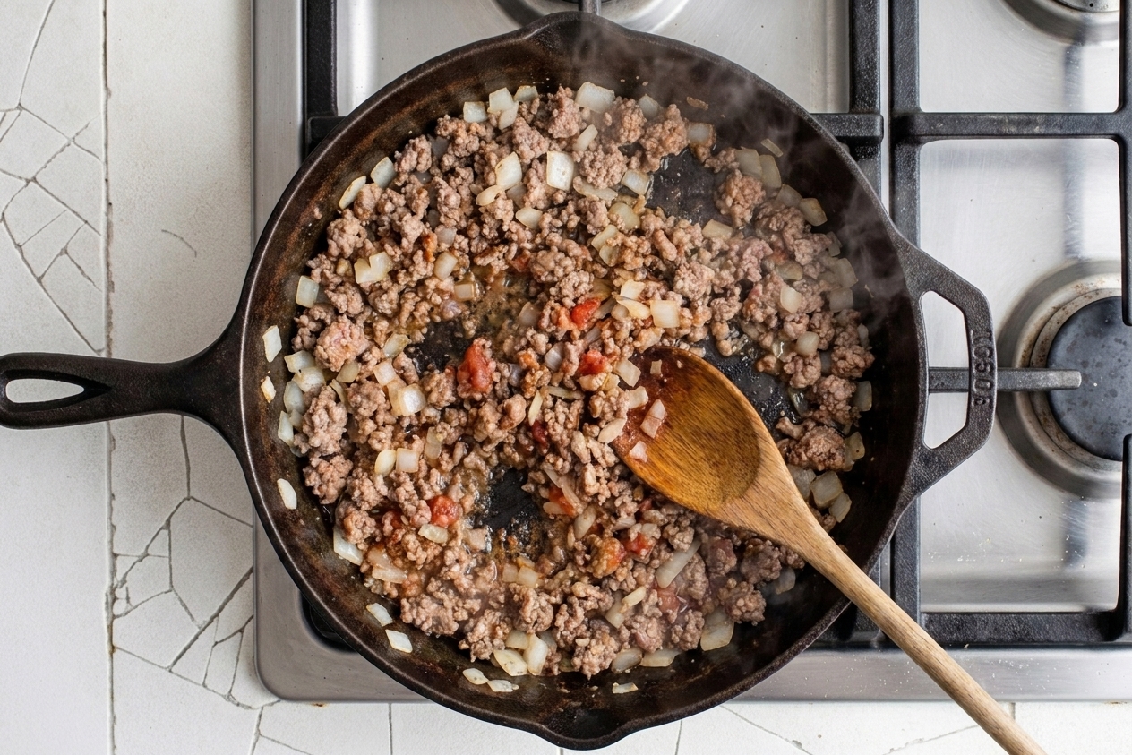 Ground beef and diced onion browning in a wide skillet on a stovetop with a wooden spoon stirring