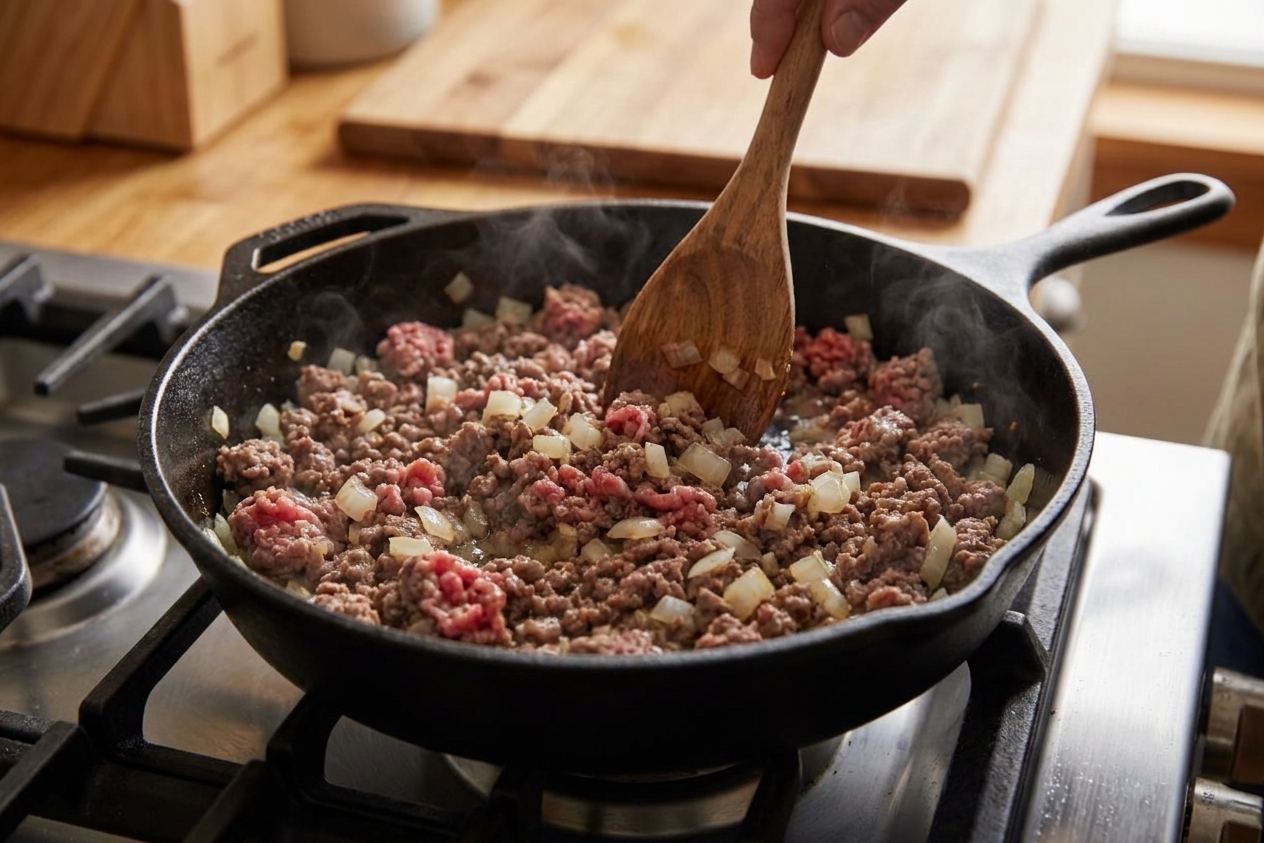 Ground beef and diced onion browning together in a black skillet on a stove, with a wooden spoon stirring