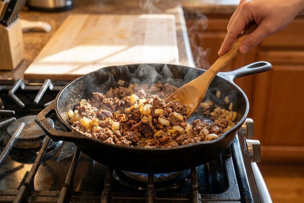 Ground beef and diced onion browning together in a skillet on a stovetop, with a wooden spoon stirring and steam rising