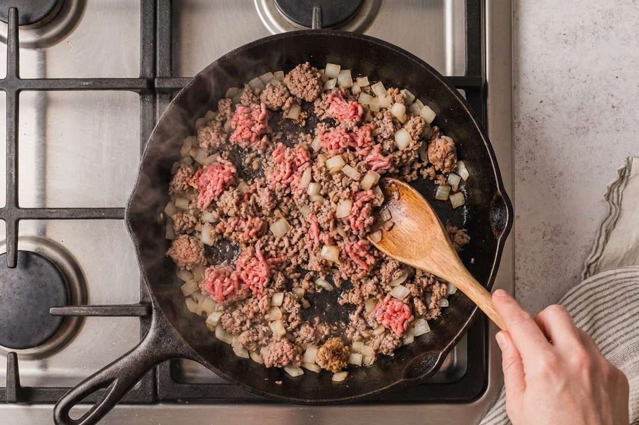 Ground beef and diced onion in a skillet on a stovetop with a wooden spoon, beginning to brown in warm kitchen lighting