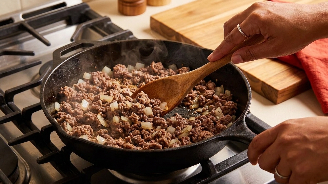 Ground beef and diced onions browning in a black skillet on a home stove, with a wooden spoon stirring and steam rising